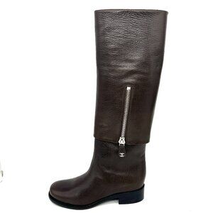 CHANEL 12A Brown Leather Foldover Zip CC Logo Knee High Tall Boots